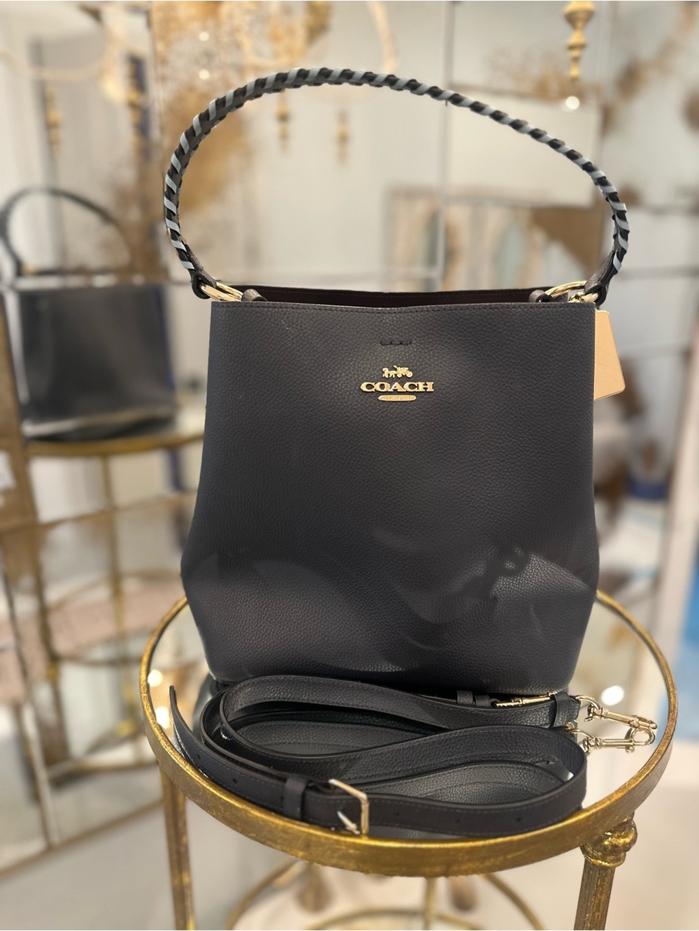 Coach Black Pebbled Leather Shoulder Bag with Braided Top Handle and Gold Logo